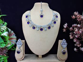 Blue rhodium premium designer american diamond and stone work necklace set 1