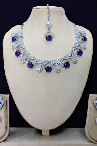 Blue rhodium premium designer american diamond and stone work necklace set