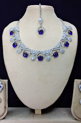Blue rhodium premium designer american diamond and stone work necklace set