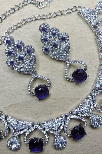 Blue rhodium premium designer american diamond and stone work necklace set