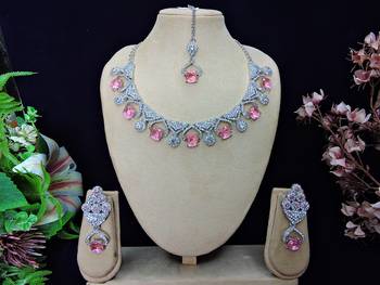 Pink rhodium premium designer american diamond and stone work necklace set 1