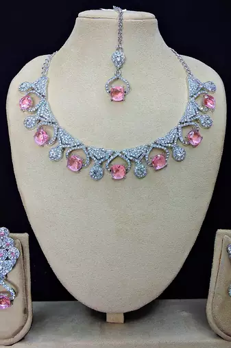 Pink rhodium premium designer american diamond and stone work necklace set
