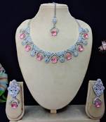 Pink rhodium premium designer american diamond and stone work necklace set