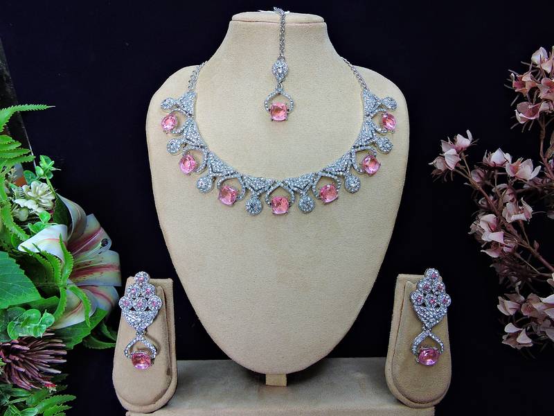 Pink rhodium premium designer american diamond and stone work necklace set