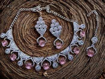 Pink rhodium premium designer american diamond and stone work necklace set 2