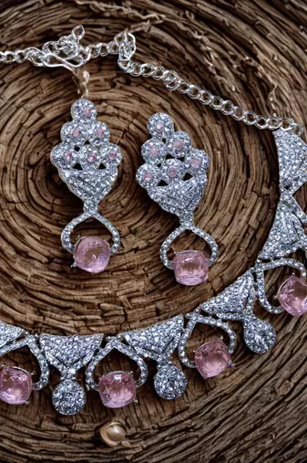 Pink rhodium premium designer american diamond and stone work necklace set