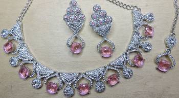 Pink rhodium premium designer american diamond and stone work necklace set 3