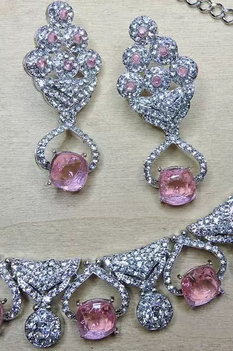 Pink rhodium premium designer american diamond and stone work necklace set