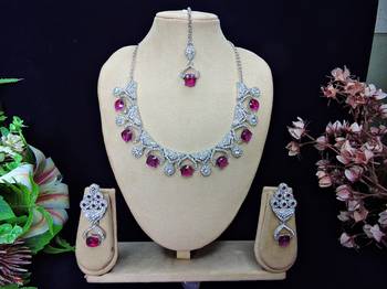 Purple rhodium premium designer american diamond and stone work necklace set 1