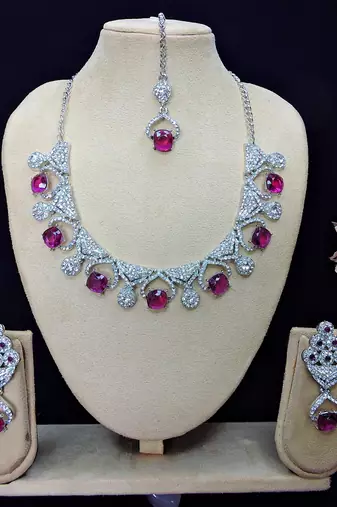 Purple rhodium premium designer american diamond and stone work necklace set