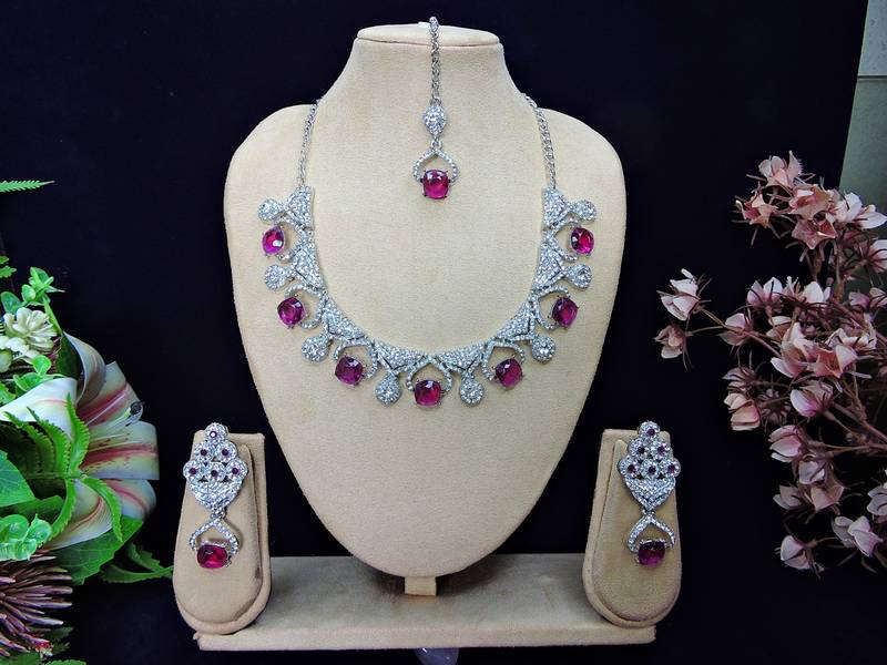Purple rhodium premium designer american diamond and stone work necklace set