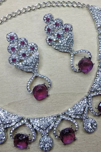 Purple rhodium premium designer american diamond and stone work necklace set