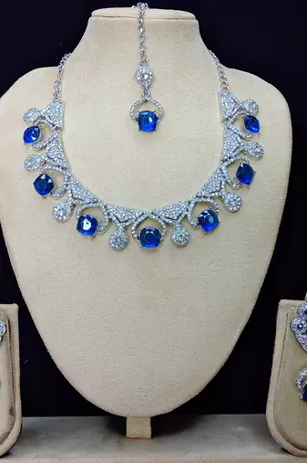 Blue rhodium premium designer american diamond and stone work necklace set