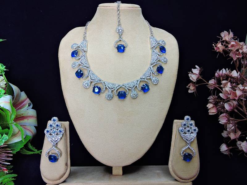 Blue rhodium premium designer american diamond and stone work necklace set