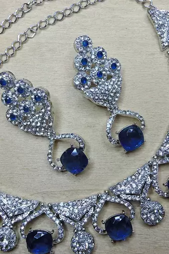 Blue rhodium premium designer american diamond and stone work necklace set