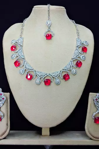 Pink rhodium premium designer american diamond and stone work necklace set