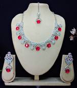Pink rhodium premium designer american diamond and stone work necklace set