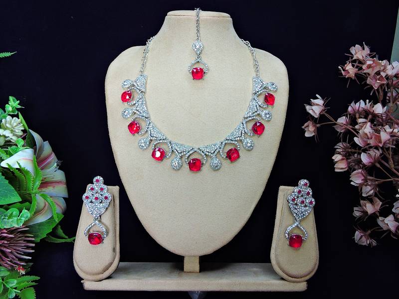 Pink rhodium premium designer american diamond and stone work necklace set