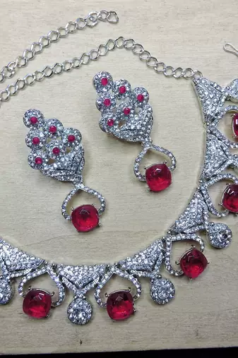 Pink rhodium premium designer american diamond and stone work necklace set