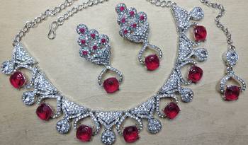Pink rhodium premium designer american diamond and stone work necklace set 3