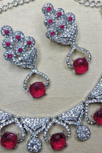 Pink rhodium premium designer american diamond and stone work necklace set