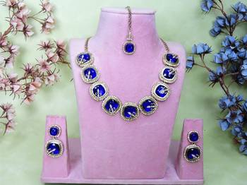 Blue yellow gold premium designer american diamond and stone work necklace set 1