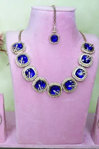 Blue yellow gold premium designer american diamond and stone work necklace set