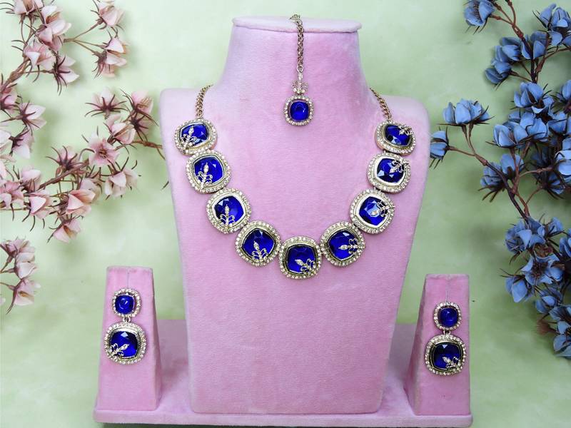 Blue yellow gold premium designer american diamond and stone work necklace set