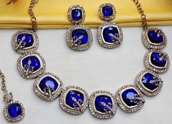 Blue yellow gold premium designer american diamond and stone work necklace set 2