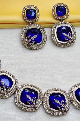 Blue yellow gold premium designer american diamond and stone work necklace set