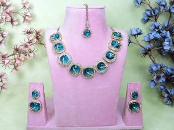 Green yellow gold premium designer american diamond and stone work necklace set 1