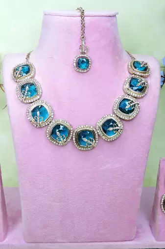 Green yellow gold premium designer american diamond and stone work necklace set