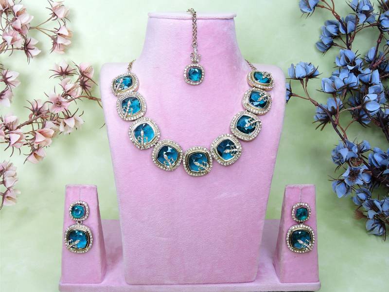 Green yellow gold premium designer american diamond and stone work necklace set