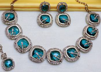 Green yellow gold premium designer american diamond and stone work necklace set 2