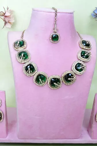 Green yellow gold premium designer american diamond and stone work necklace set