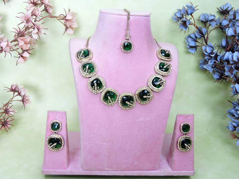 Green yellow gold premium designer american diamond and stone work necklace set