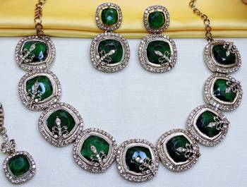 Green yellow gold premium designer american diamond and stone work necklace set 2