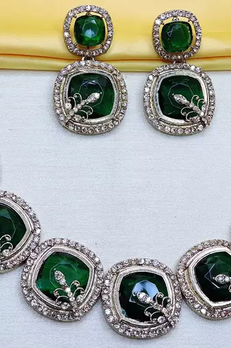 Green yellow gold premium designer american diamond and stone work necklace set