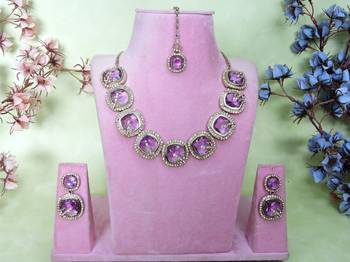 Purple yellow gold premium designer american diamond and stone work necklace set 1