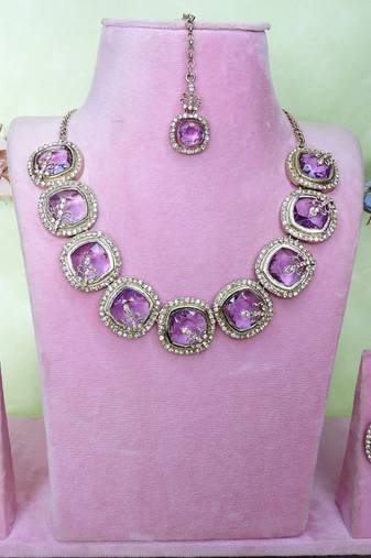 Purple yellow gold premium designer american diamond and stone work necklace set