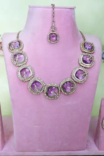Purple yellow gold premium designer american diamond and stone work necklace set