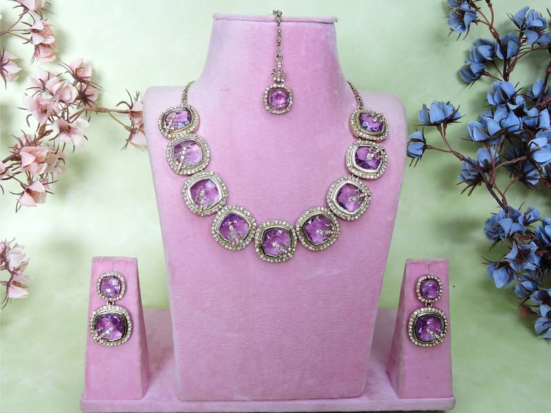 Purple yellow gold premium designer american diamond and stone work necklace set