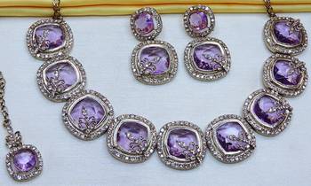 Purple yellow gold premium designer american diamond and stone work necklace set 2