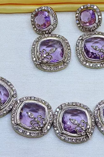 Purple yellow gold premium designer american diamond and stone work necklace set