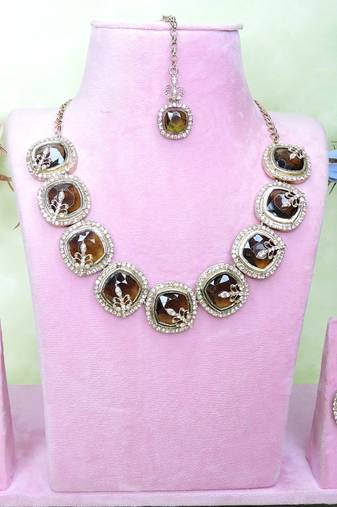 Green yellow gold premium designer american diamond and stone work necklace set