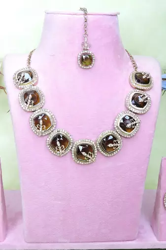 Green yellow gold premium designer american diamond and stone work necklace set