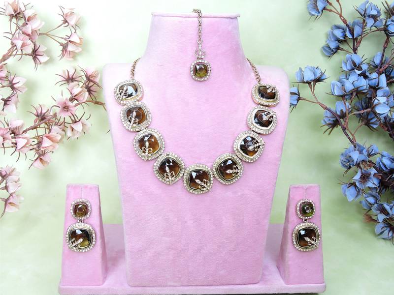Green yellow gold premium designer american diamond and stone work necklace set
