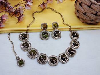Green yellow gold premium designer american diamond and stone work necklace set 2