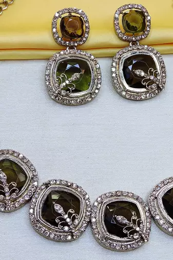 Green yellow gold premium designer american diamond and stone work necklace set