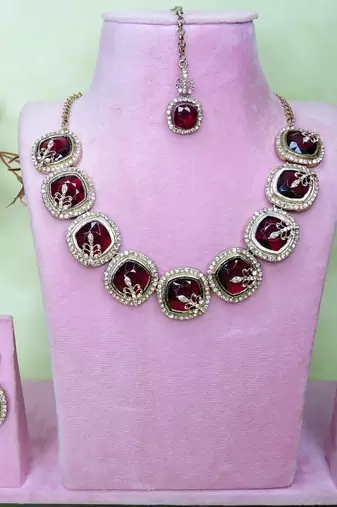 Maroon yellow gold premium designer american diamond and stone work necklace set